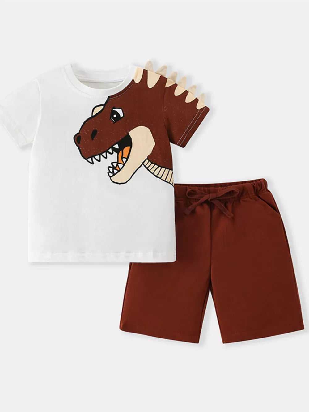 Toddler dinosaur graphic tee and drawstring shorts set in white and brown cotton.