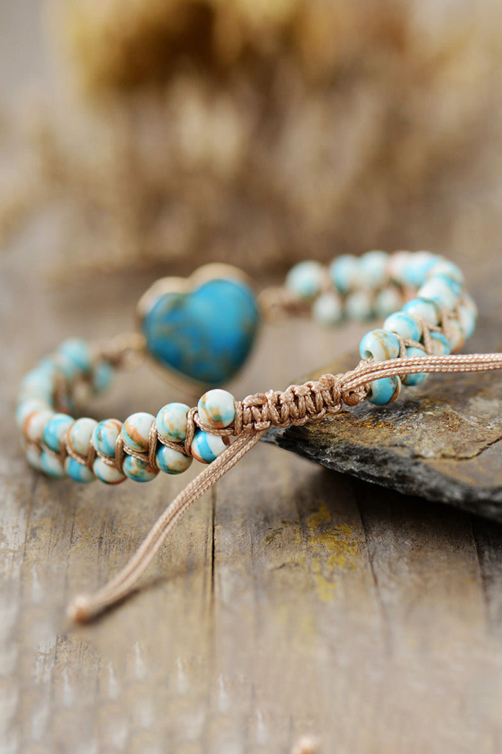 Sky blue heart stone braided bracelet with beaded detail