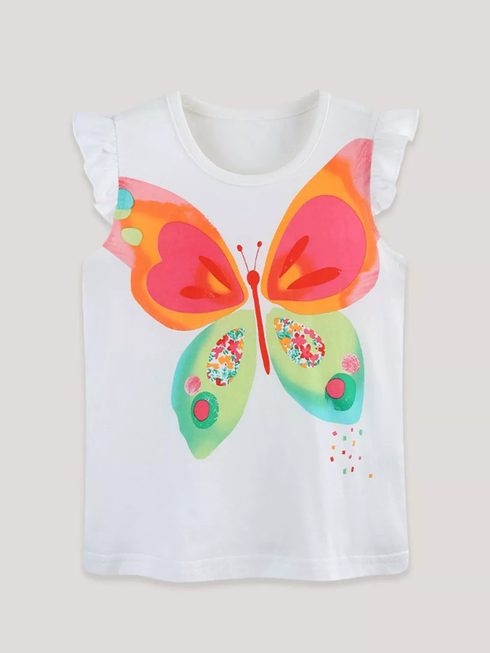 White cotton t-shirt with a colorful butterfly graphic and ruffle sleeves.