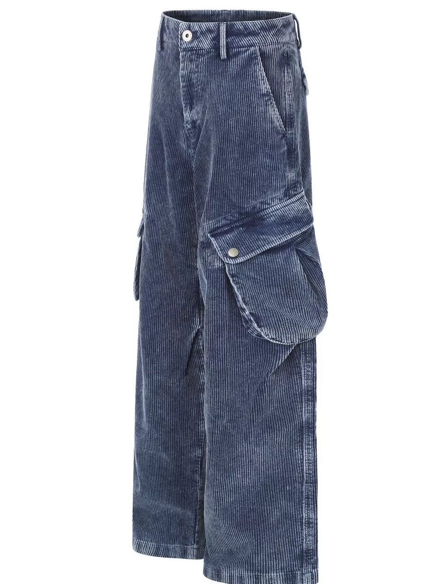 cargo pants in Dusty Blue with high-waisted and full-length