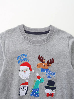 Gray crew neck sweatshirt with embroidered Christmas characters and "Festive Friends" text.