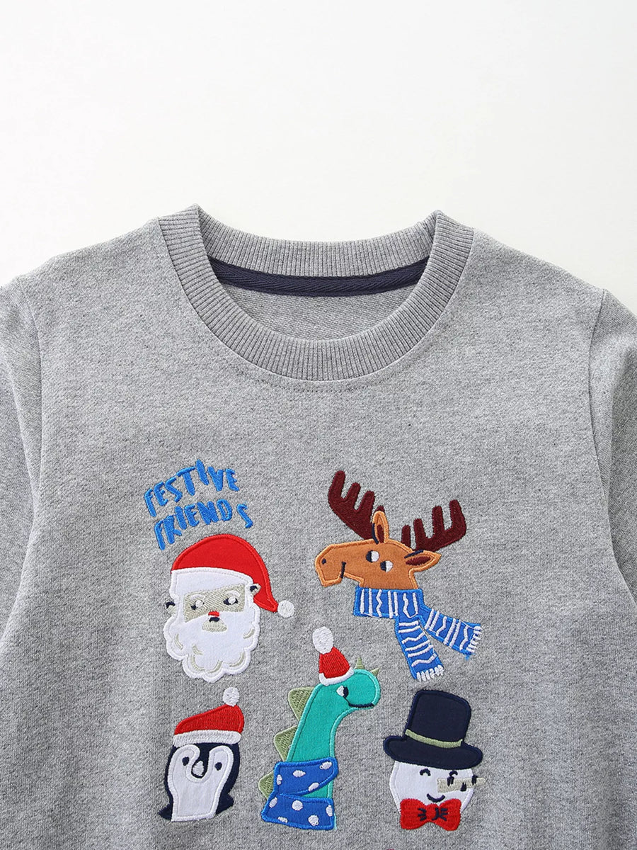 Gray crew neck sweatshirt with embroidered Christmas characters and "Festive Friends" text.