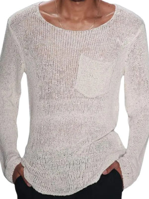 Ivory slub knit pocket tee with scoop neck and long sleeves.