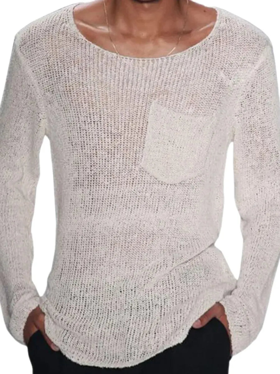 Ivory slub knit pocket tee with scoop neck and long sleeves.