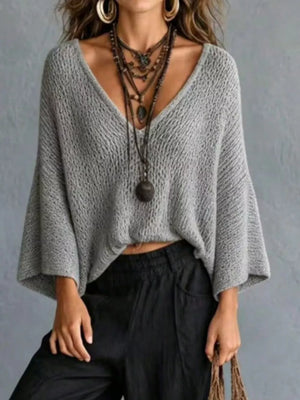 Yellow V-neck Batwing Sleeve Sweater