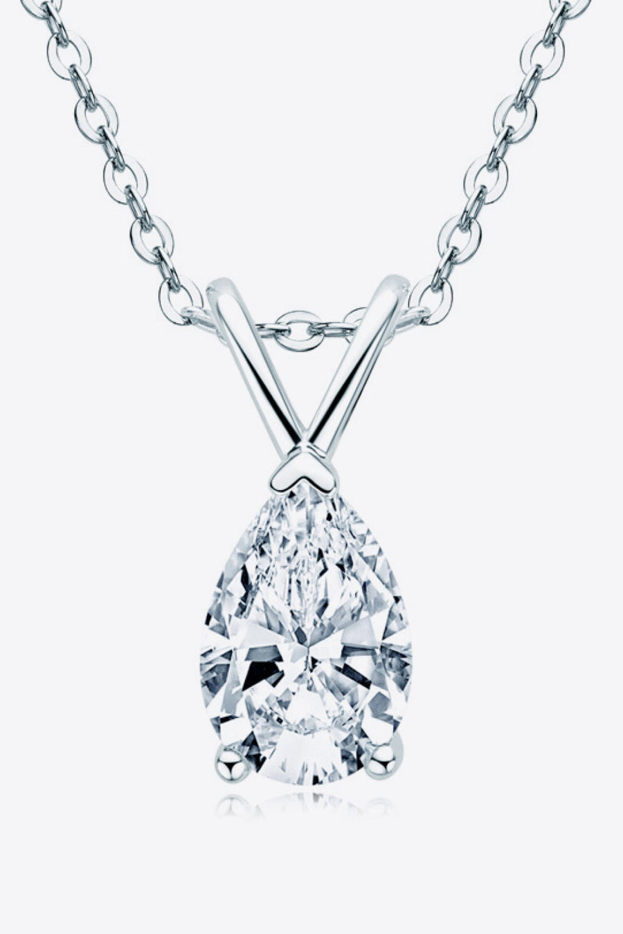 Silver pear cut moissanite pendant necklace with delicate chain