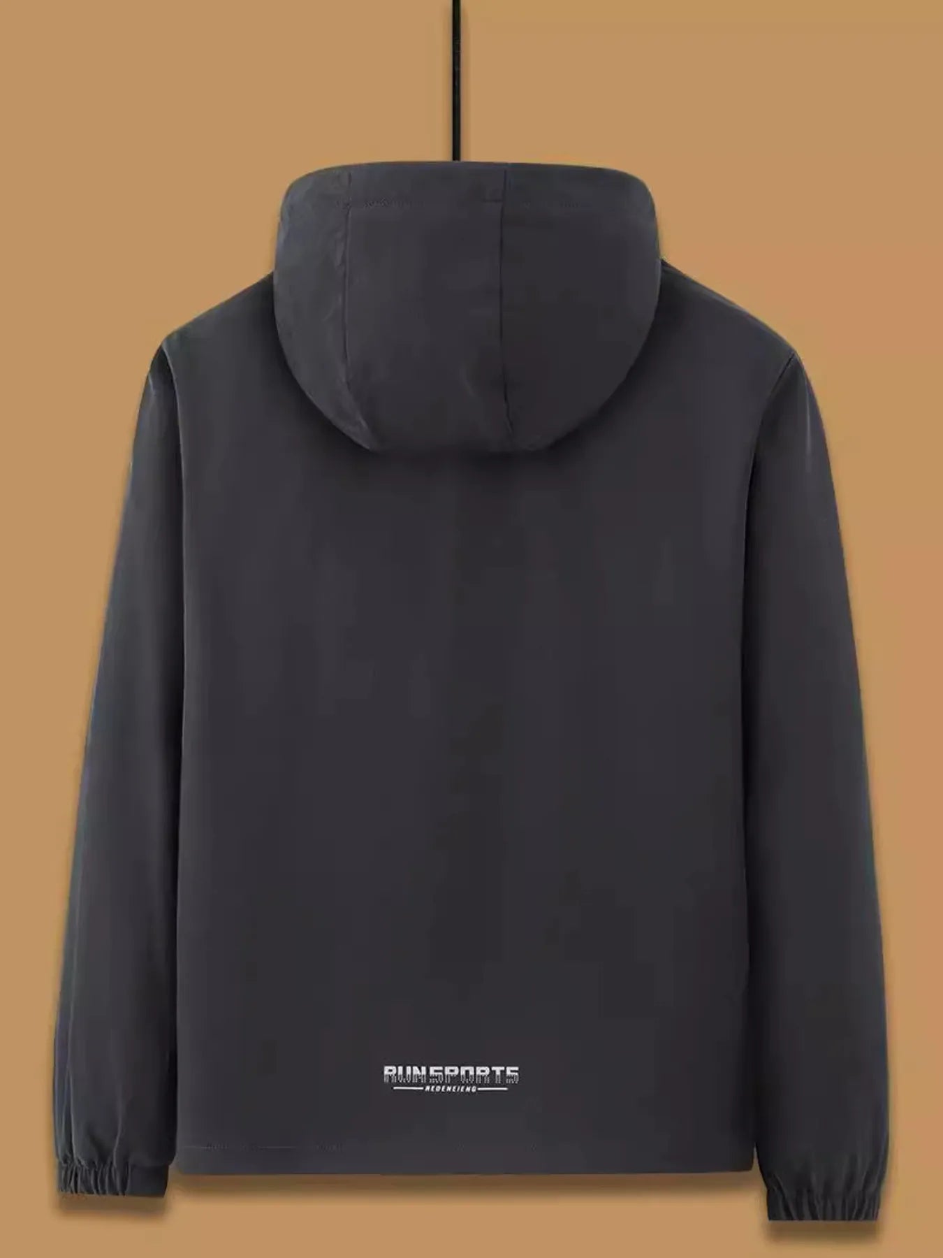 Dark Gray hooded windbreaker jacket with elastic cuffs and hem, featuring a subtle graphic print on the back.