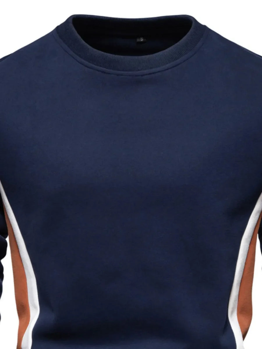 Navy crew neck sweatshirt with white and terracotta side panels