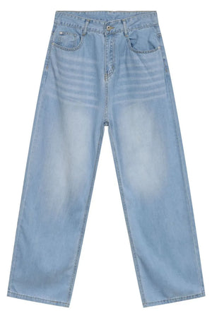 Light blue oversized denim palazzo jeans with a relaxed fit and subtle whiskering.