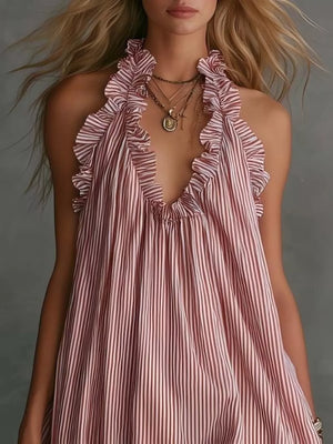 Ruffled Trim Halter Neck Mini Dress Plus Size in Green