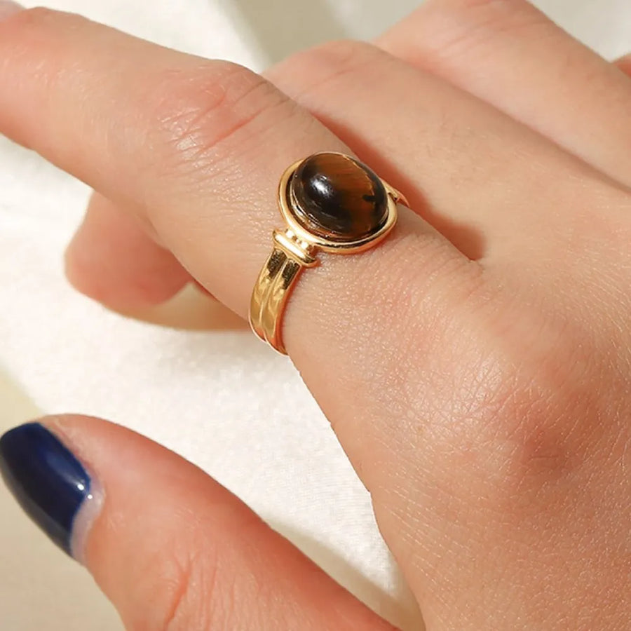 Vintage Natural Stone 18k Gold Plated Adjustable Ring in Matcha Green with natural stone