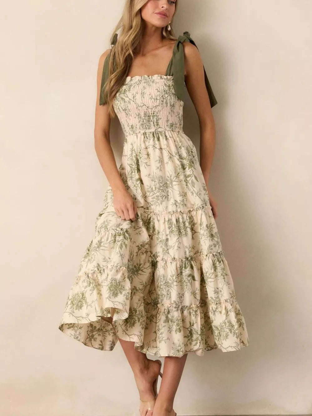 Floral tiered midi dress with smocked bodice and tie straps