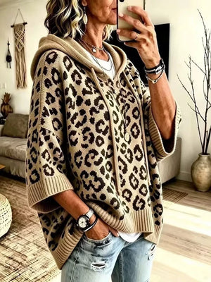 tan pullover hoodie with leopard and hooded