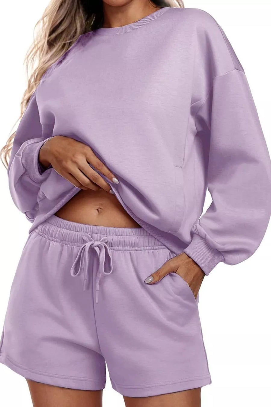 Cozy two-piece sweatshirt set in Pink Purple, featuring a crewneck sweatshirt and drawstring shorts.