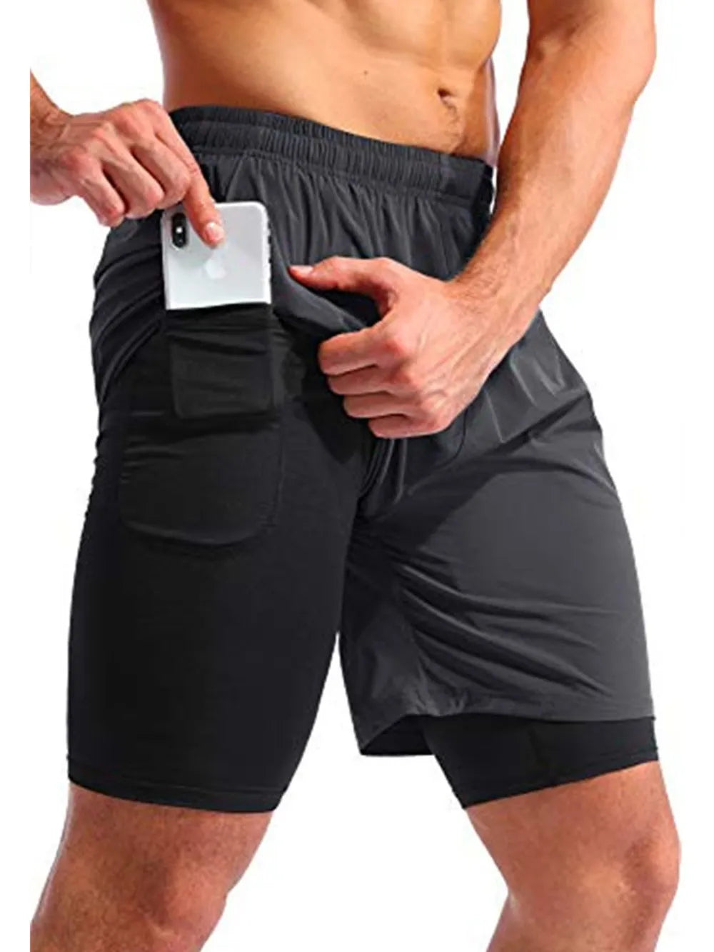 Dual-layer training shorts in dark gray with built-in black compression shorts and phone pocket.