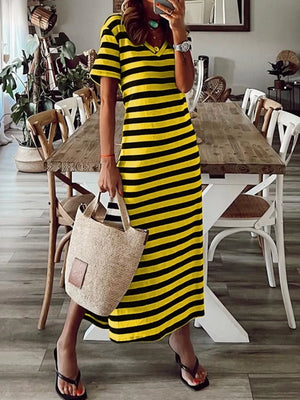Full Size Striped V-neck Midi Dress With Side in Yellow