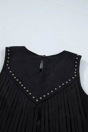 Black western fringe tank top with rhinestone embellishments and a keyhole back.