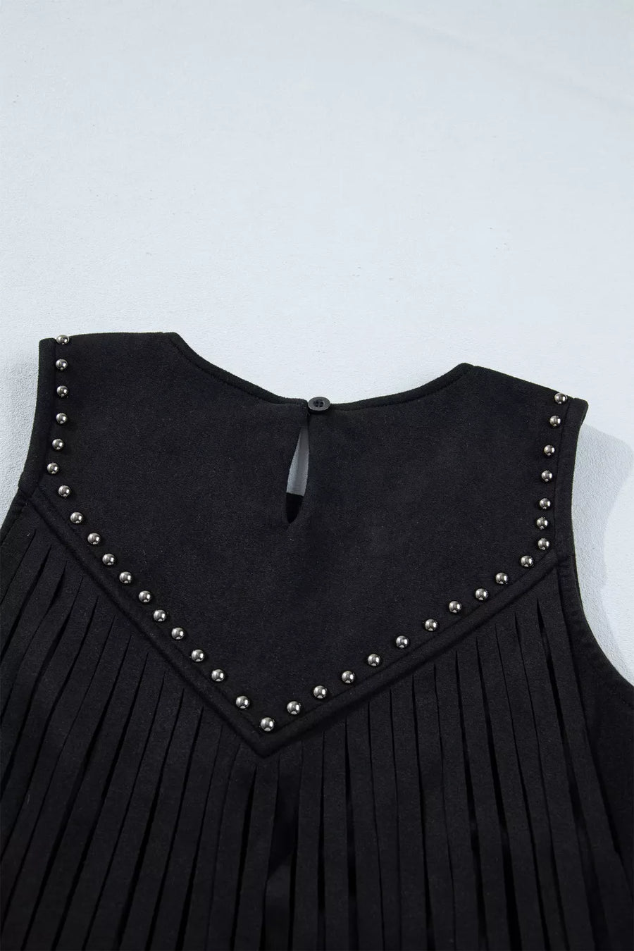 Black western fringe tank top with rhinestone embellishments and a keyhole back.