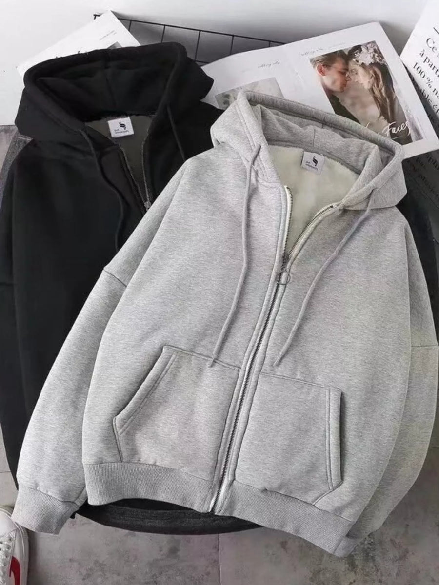 Gray fleece lined zip-up hoodie with front pockets and drawstring hood.