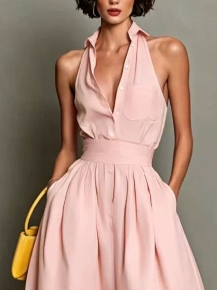 Yellow A-line dress with midi and button-front