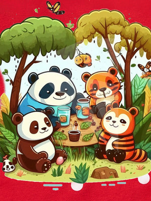 Cute cartoon animal sweatshirt with pandas and tigers in a forest scene, cotton.