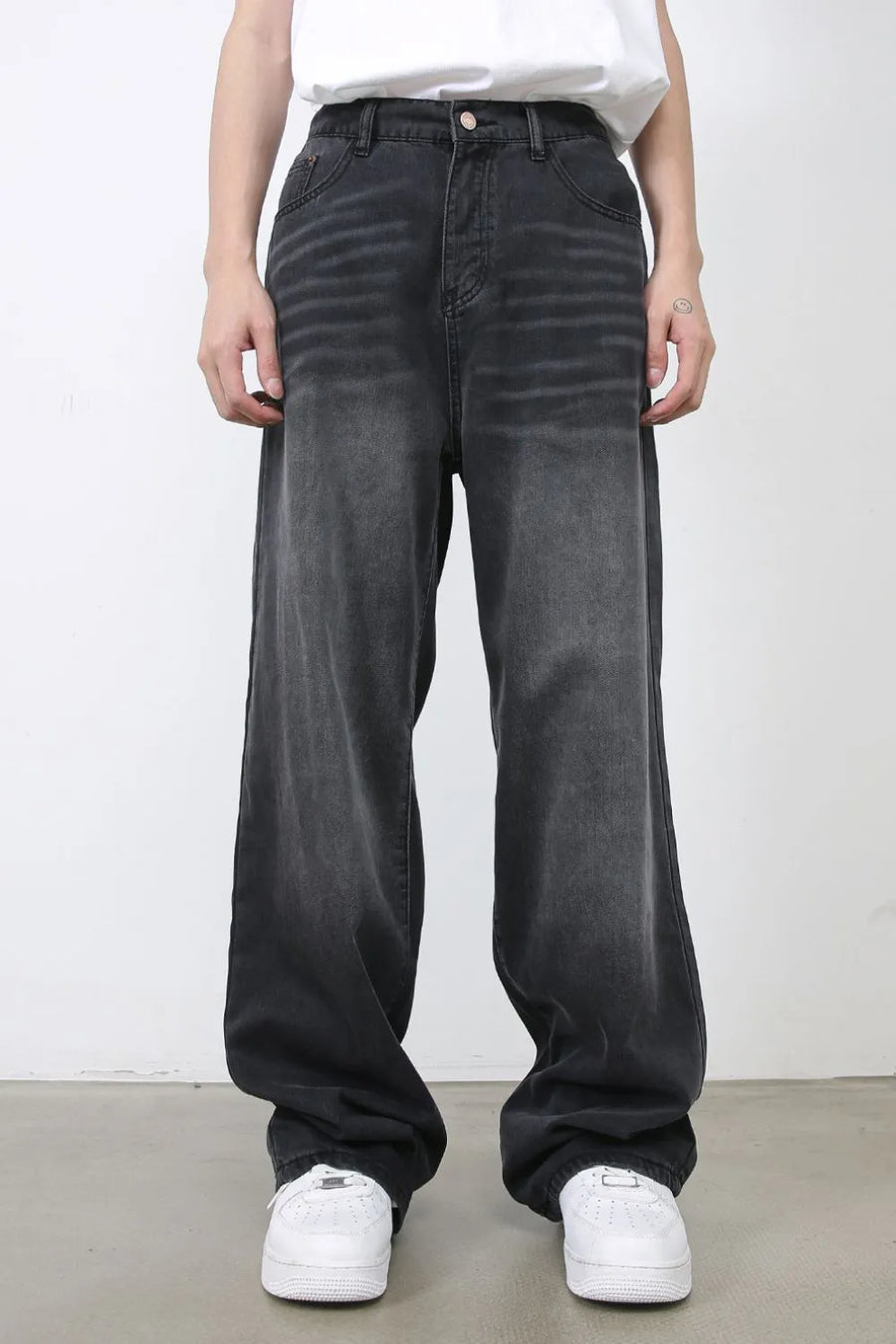 Feline Whisker Denim Jeans in dark gray, wide leg, relaxed fit, with a faded wash.