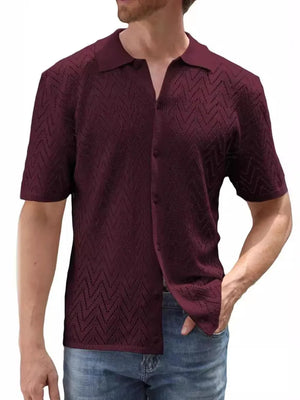 Burgundy chevron knit polo shirt with short sleeves and a button-up neckline.