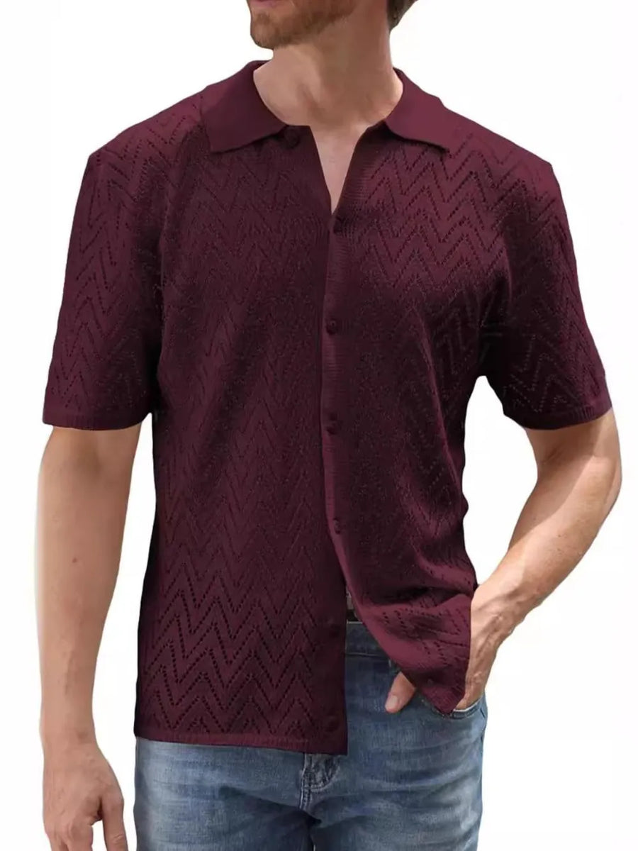 Burgundy chevron knit polo shirt with short sleeves and a button-up neckline.