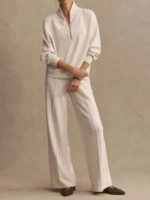 sweatshirt and wide-leg pants set in oatmeal featuring zipper and relaxed top, wide-leg pants fit