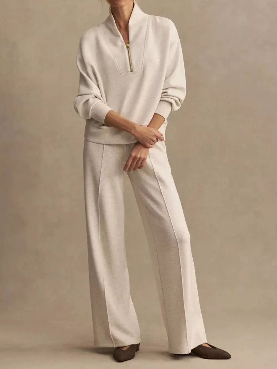 sweatshirt and wide-leg pants set in oatmeal featuring zipper and relaxed top, wide-leg pants fit