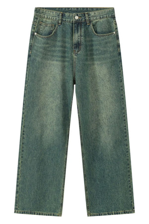 Wide-leg denim trousers in a faded dark green wash with a relaxed fit.