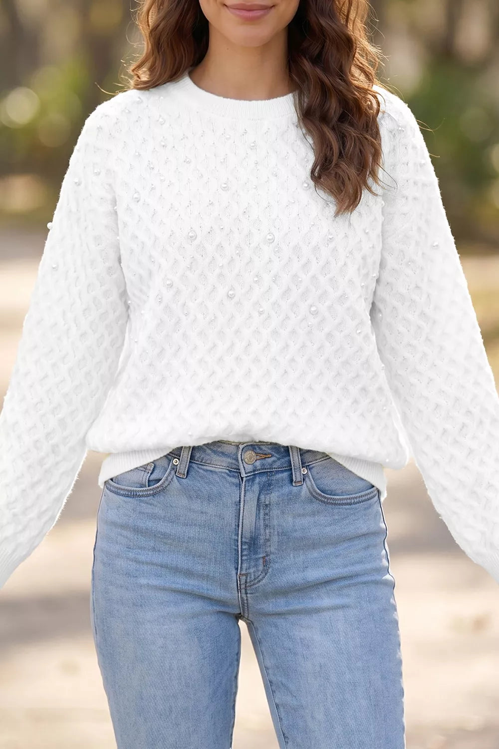 ivory pullover sweater with geometric and crew neck