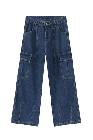 Wide-leg dark wash denim cargo pants with front seams and side cargo pockets.