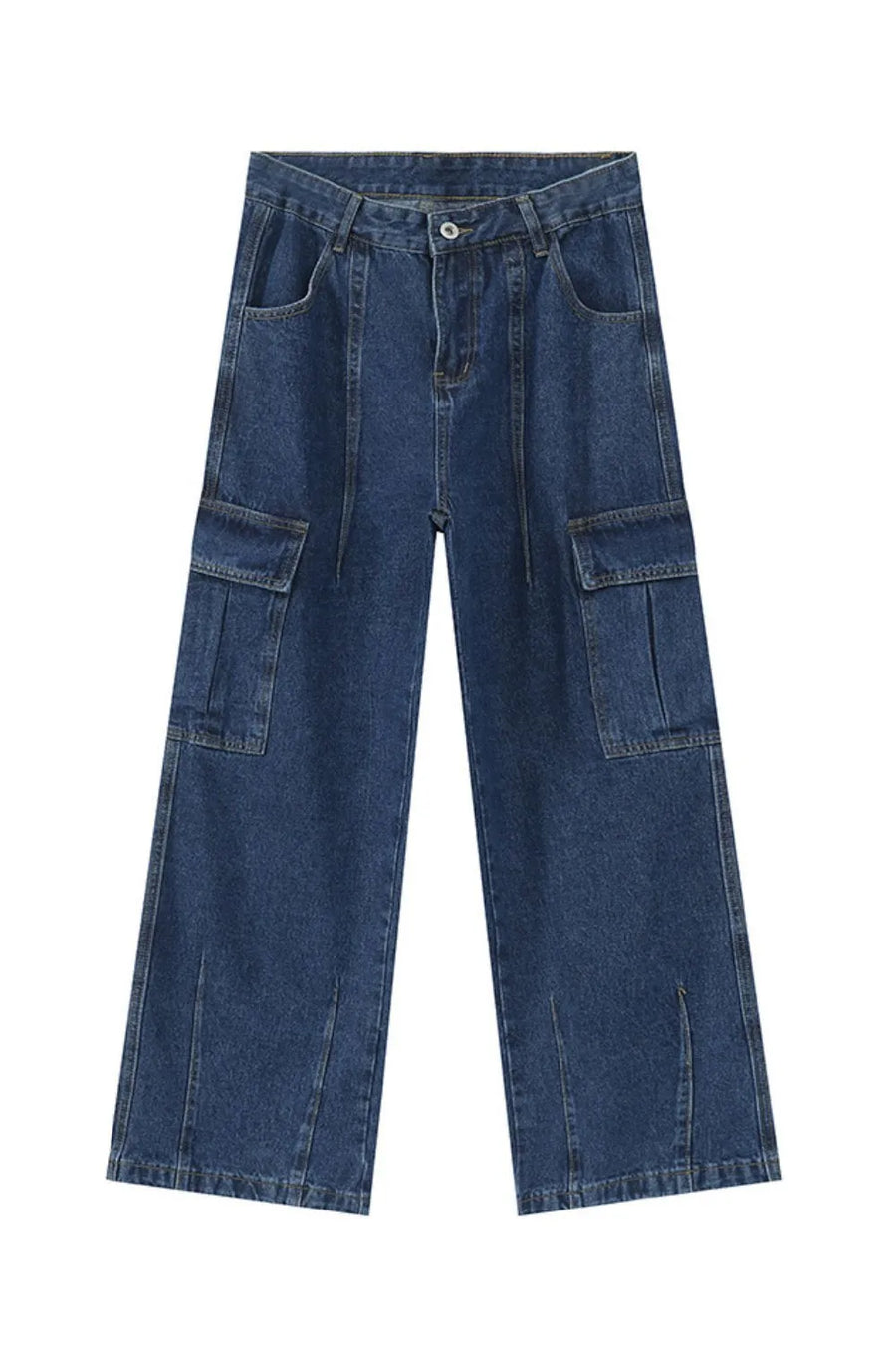 Wide-leg dark wash denim cargo pants with front seams and side cargo pockets.