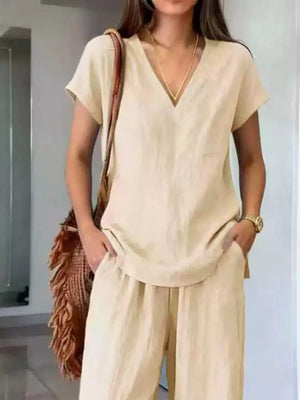 Grey Full Size V-neck Short Sleeve Top And Pants Set