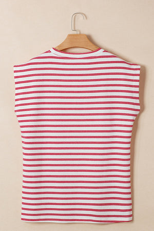 Textured knit tee with red and white stripes, crew neck, and decorative button detail.