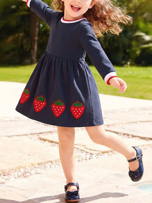 navy blue A-line dress with strawberry and round neck