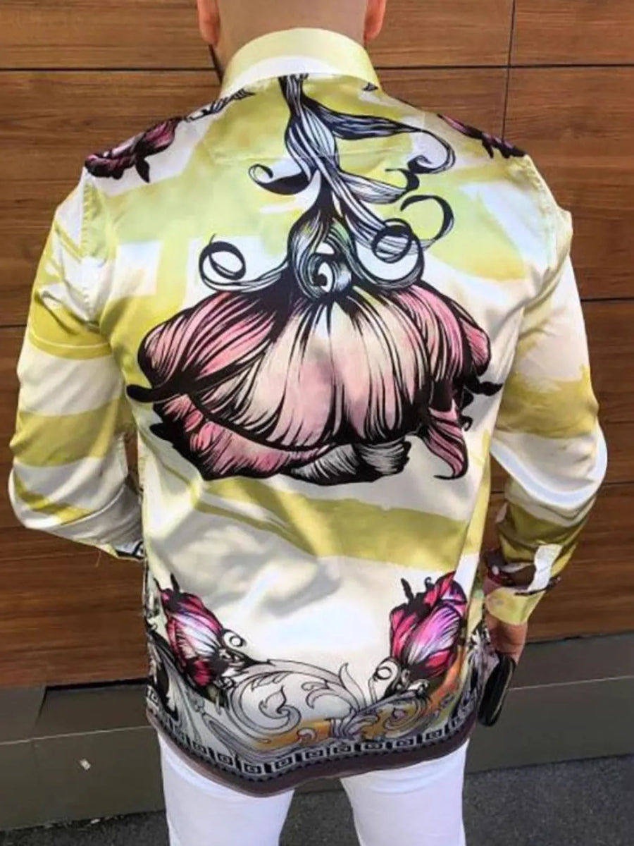 Artistic panel silk shirt in light yellow with bold floral print and striped accents.