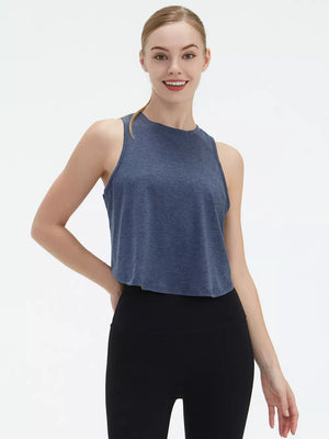 Blue heathered knit cropped tank top with crewneck and sleeveless cut.