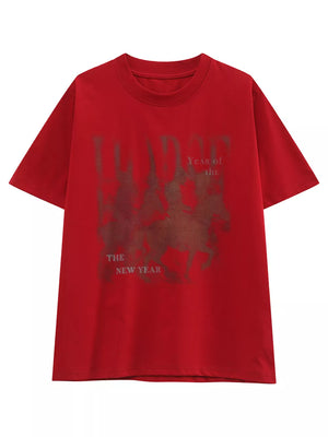 Red cotton blend graphic tee with vintage horse and text print.