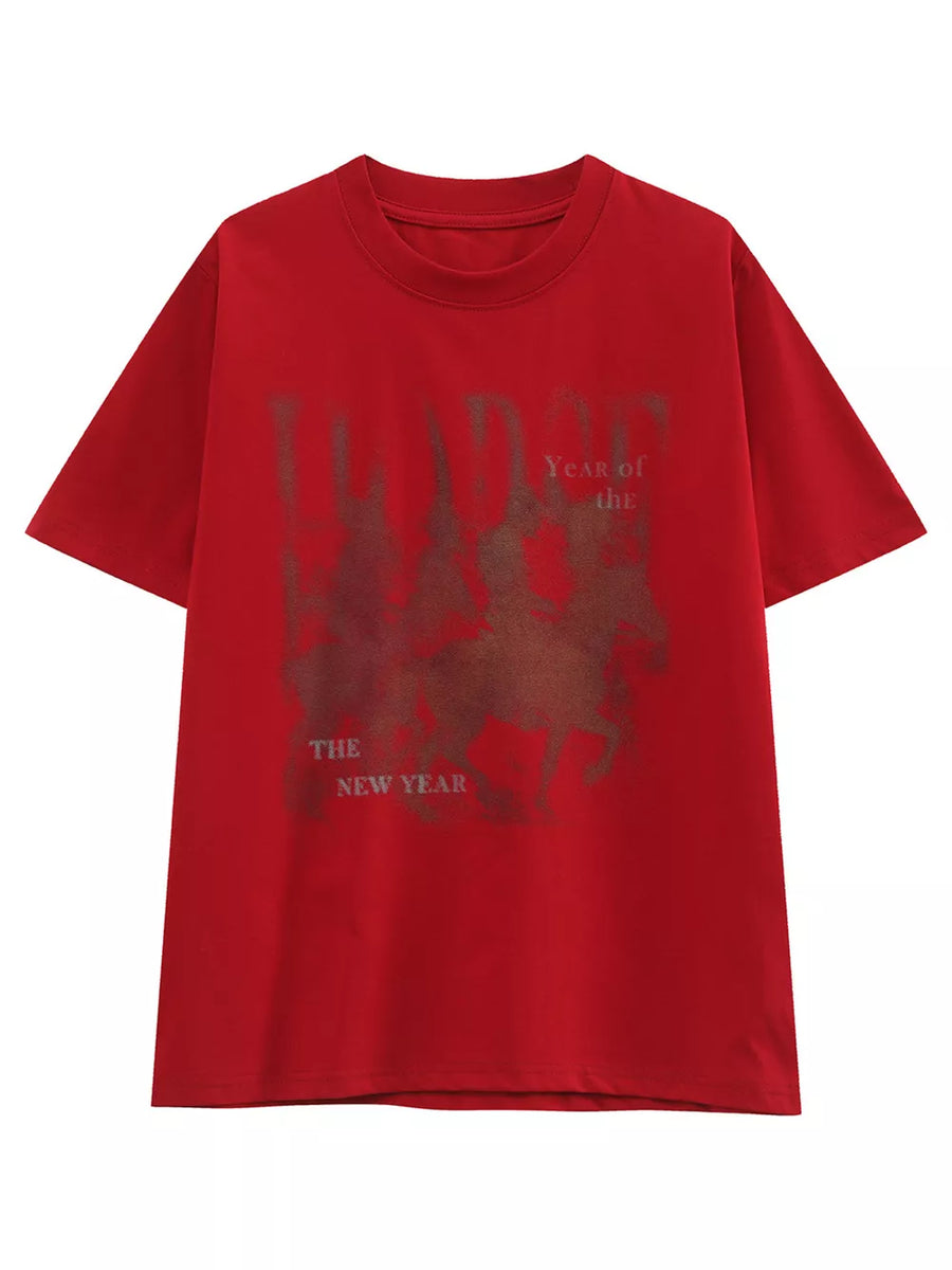 Red cotton blend graphic tee with vintage horse and text print.