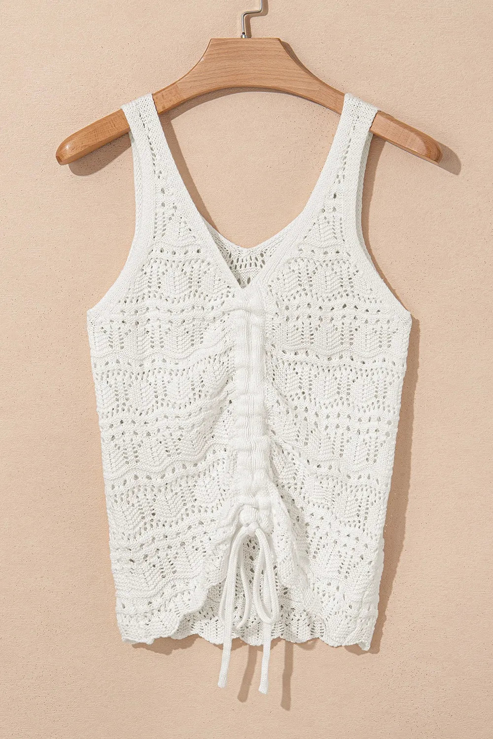 White crochet tank top with V-neck and ruched drawstring front detail