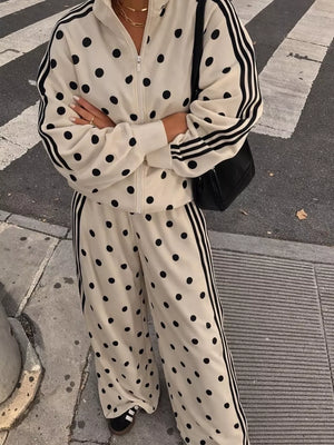 Polka Dot Zip Up Outerwear And Pants Set in White