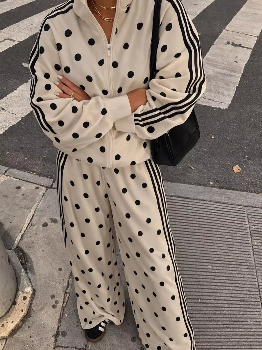 Polka Dot Zip Up Outerwear And Pants Set in White