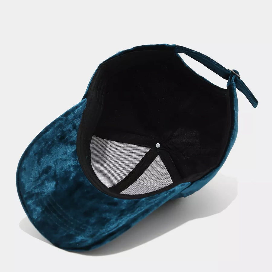 Velvet Adjustable Baseball Cap in Peacock Green with adjustable strap