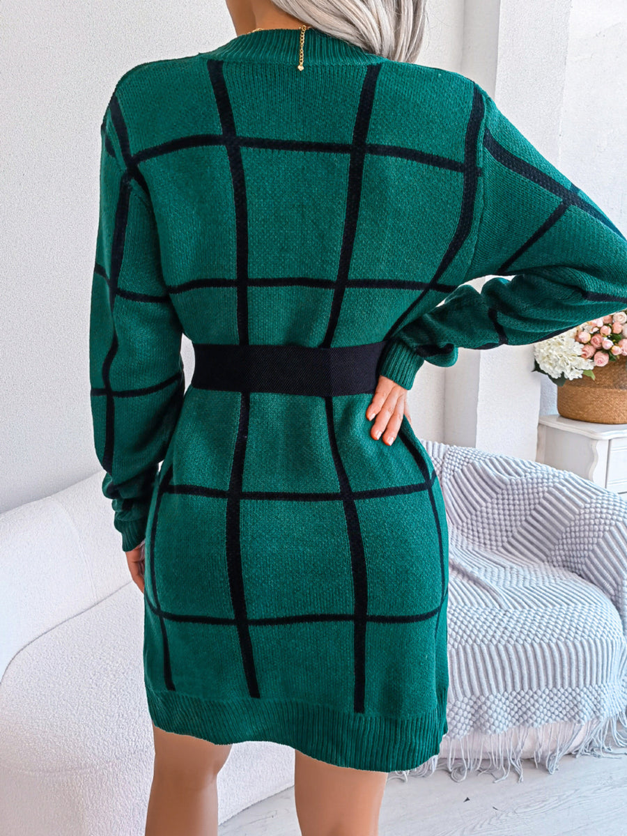 White sweater dress with pullover and plaid
