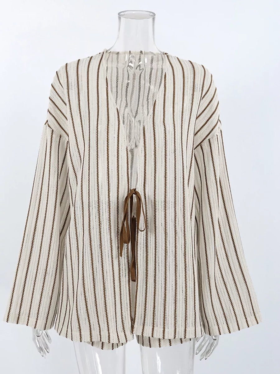 Striped Tie Front Top And Shorts Lounge Set in Camel with tied front