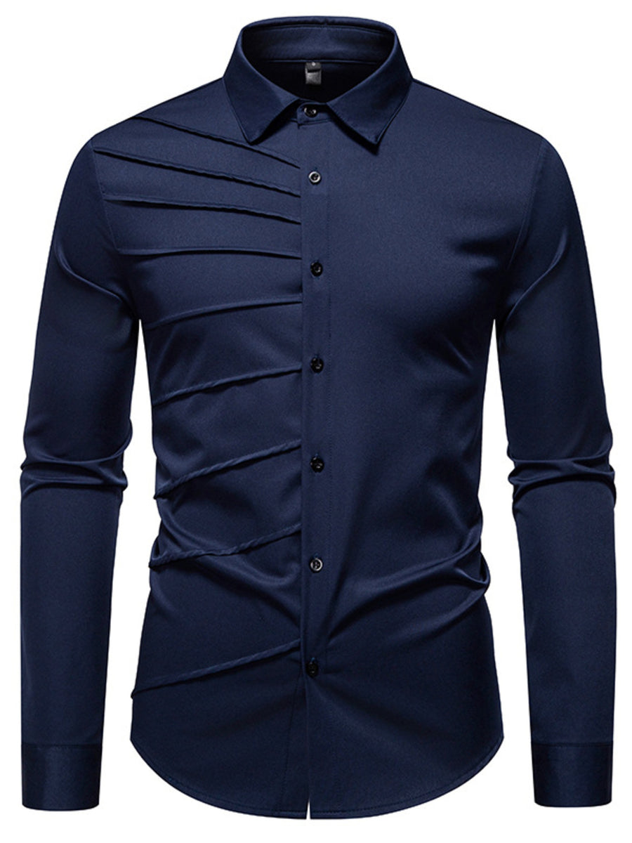 Navy blue cotton long sleeve shirt with asymmetrical ruched detail and button front.
