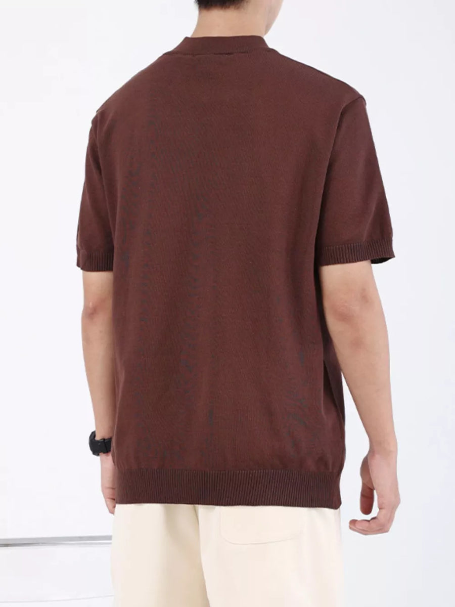 Brown knit t-shirt with mock neck and short sleeves, ribbed hem and cuffs.