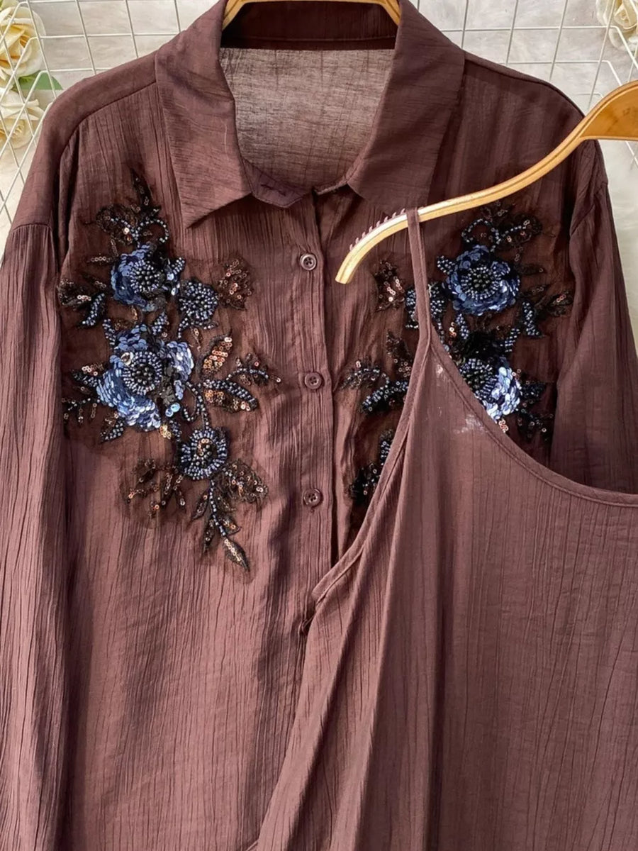 Brown embroidered floral two-piece set with collared shirt and camisole.